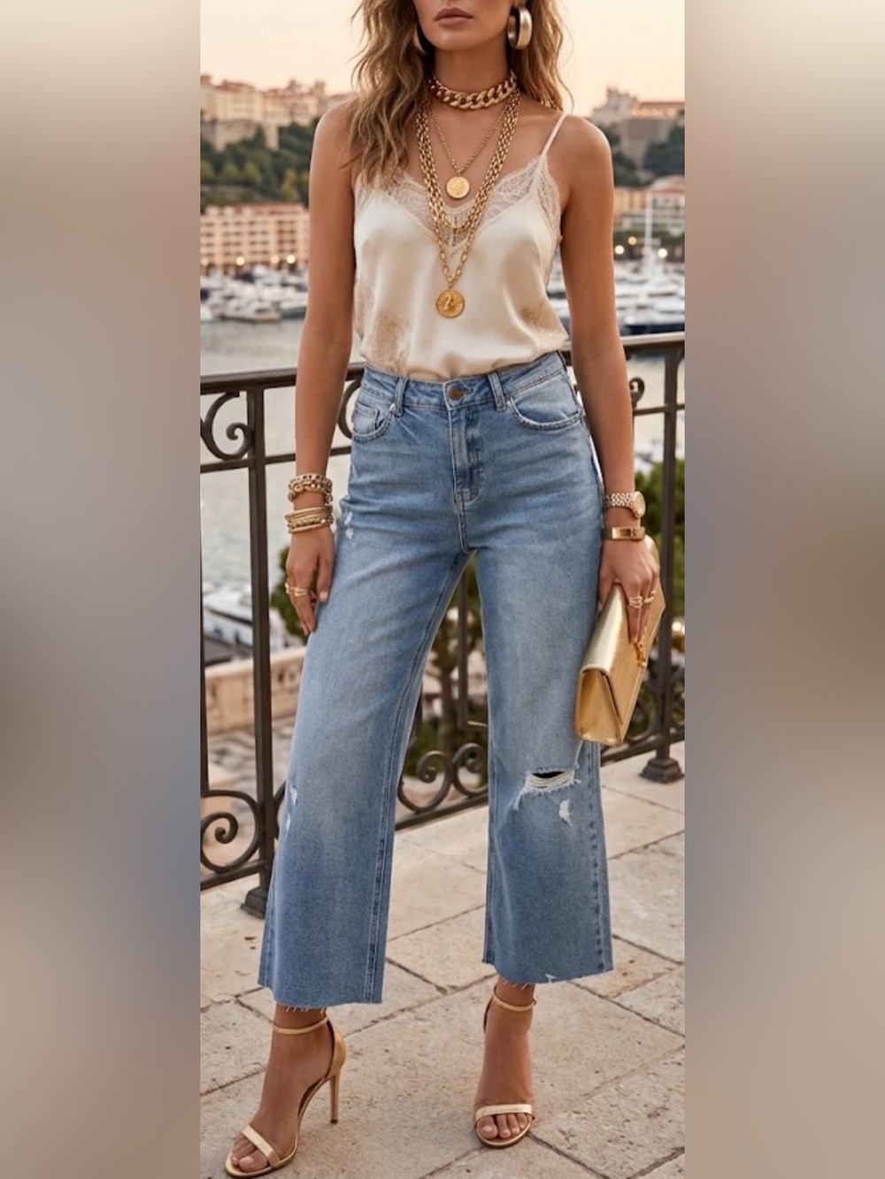 Flying Monkey Light Blue Cropped Wide-Leg Ankle Cropped Jeans with Dis Knee Rip